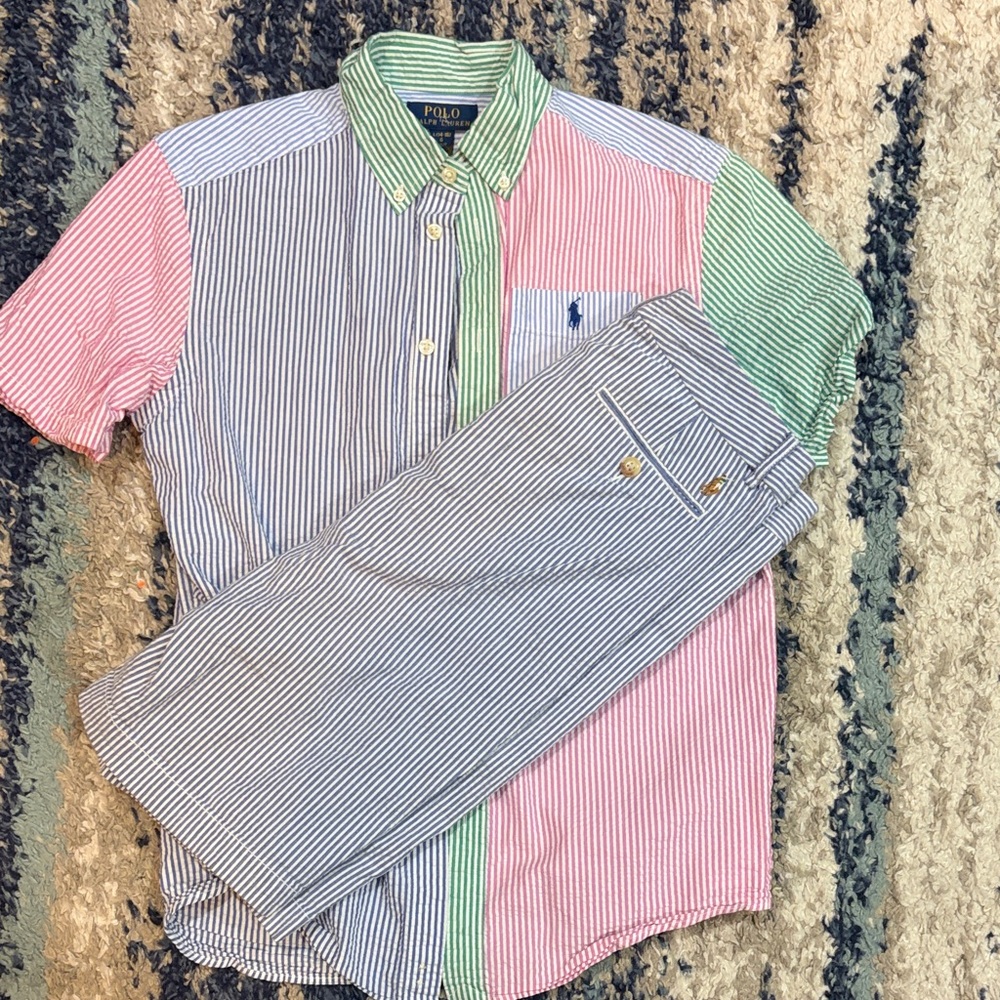 Polo by Ralph Lauren Patchwork Striped Button-Down Shirt in Pink, Green & Navy